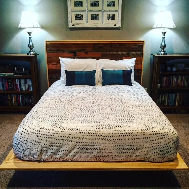 Floating bed frame in reclaimed barn wood and heart pine
