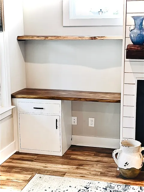 Office nook with American hickory shelves and a birch cabinet