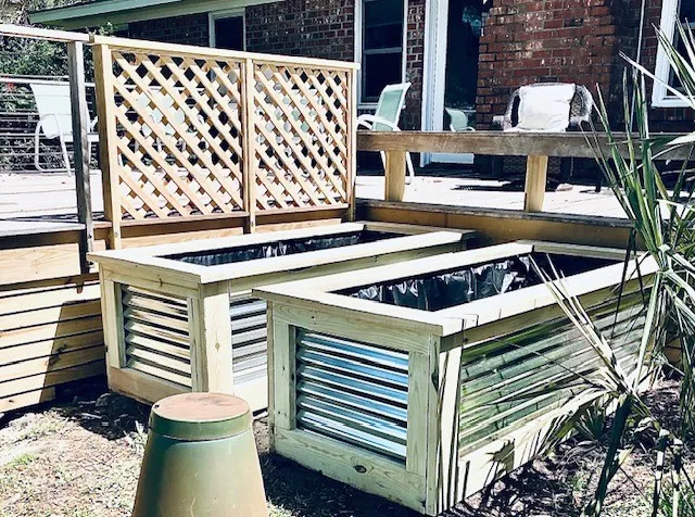 Raised garden beds in treated pine with corrugated metal panels and a lattice back