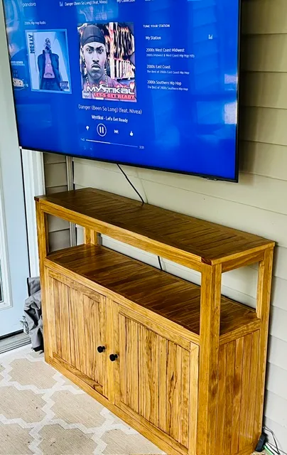 Slatted yellow pine storage piece for pool toys and towels
