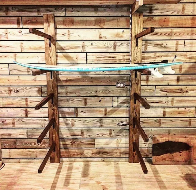 Mortised yellow pine surfboard rack