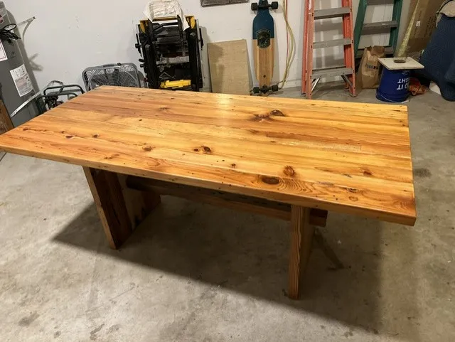 Top of the farmhouse table showing the heart pine grain